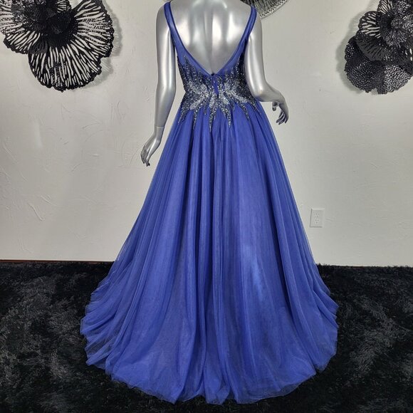 NWT~$625~FLAIR~6~BLUE BEADED EMBELLISHED FIT & FLARE PROM BALL GOWN MAXI DRESS - Picture 12 of 16